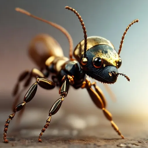Prompt: 4k, hyperrealistic, 3d, detailed, gold mecha,  image of an ant 