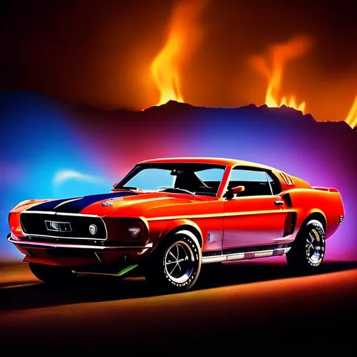 Prompt: A red 1969 mustang at night being lit by neon lights