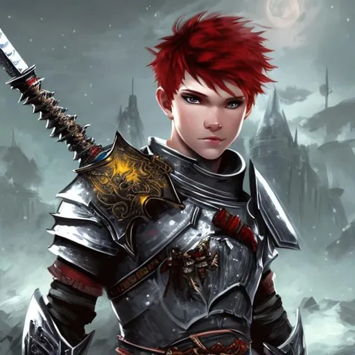 Prompt: Human male fantasy warrior with a sword and short red hair