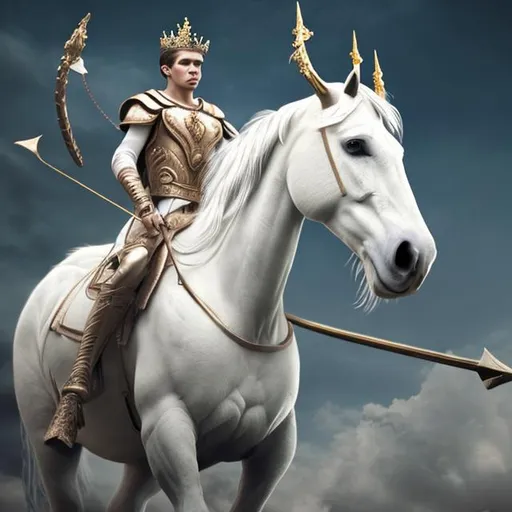 Prompt: A 21 year old man with a bow and a crown on a white horse. He went out to conquering and to conquer. photorealistic.