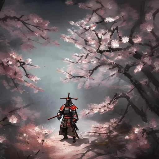 Prompt: painting of a medieval shogun in a blossom tree forest, ambient lighting, outdoor, dark, front, forest