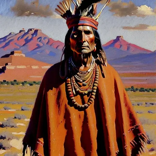 Prompt: High quality, finely detailed oil painting of Taos Pueblan Indian in formal dress circa 1910 in the style of Maynard Dixon 