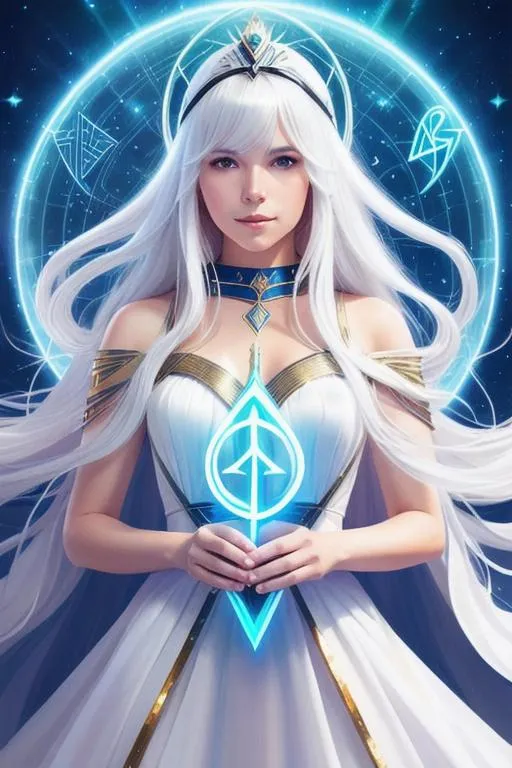 Prompt: A beautiful time and space mage with very long white hair with bangs wears intergalactic looking dress while casting a rune spell in her hands, smooth soft skin, beautiful intricate hair, symmetrical, anime wide eyes, detailed face, by makoto shinkai, stanley artgerm lau, wlop, rossdraws