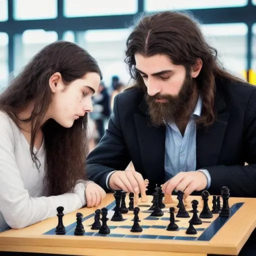 Prompt: French boy with long hair and a small beard and Spanish girl with middle length curly hair playing chess in Helsinki airport waiting for their plane