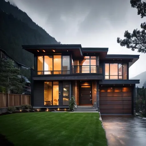 Prompt: a modern house on the mountain, beautiful rainy day, mountains, a modern house, night, calm, alone, art, realistic, hyper-realistic, highly detailed, realism, 32k, photography, hdr, 1080p, cinematic, Hyperrealistic, splash art, concept art, fictional environment, mid shot, intricately detailed, colour depth, dramatic, side light, colourful background, beautifully shot, perfect composition, atmospheric, moody, happy, emotion, 