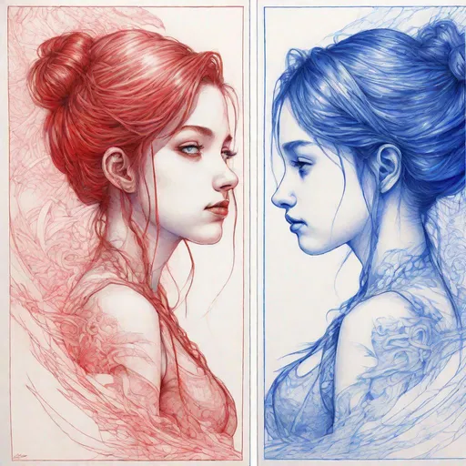 Prompt: 2 panels , in the first panel [ front view :1girl] and in the second panel   [side view : 2girl ]  , the 2 panels combined together ,[red : blue] beautiful , ink Ballpoint Pen, strong delicate lines , 16k ,HQ, insanely detailed,  hyper realistic