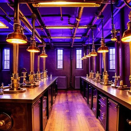 Prompt: A steampunk-style scientific laboratory with vials of purple liquid and bathed in candlelight.