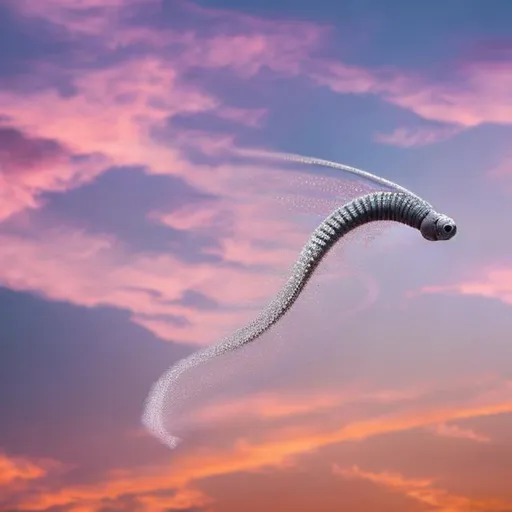 Prompt: silver-gray worm with wings, flying horizontally, in sky, pink clouds, sunset, close-up shot