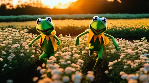 Prompt: kermit the frog running through the flower field during the sunset, dreamy style