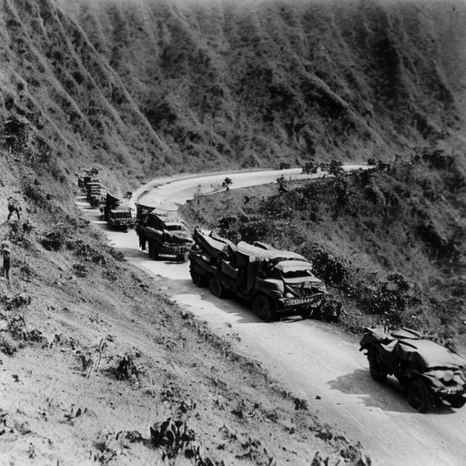 Prompt: Supply Convoy Mountain Road Ambush Philippines 1942