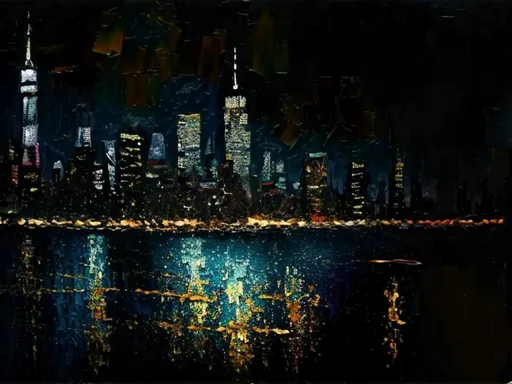 Prompt: Thick oil impasto York Skyline from 42nd Street Pier, thick oil impasto