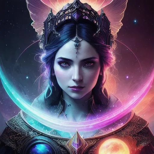 Prompt: Cosmic sorceress, nebulas, galactic, concept art portrait by greg rutkowski, ferdinand knab, hyperdetailed intricately detailed gothic art trending on artstation triadic colors unreal engine 5 detailed matte painting, deep color, fantastical, intricate detail, splash screen, complementary colors, fantasy concept art, 8k resolution, gothic deviantart masterpiece