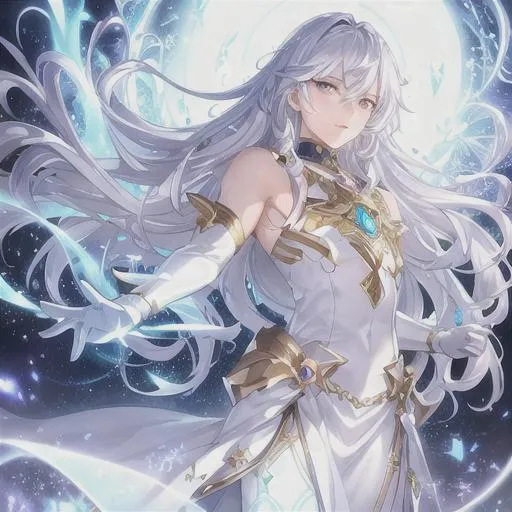 Prompt: Fantasy style, a hyper realistic detailed image of a celestial masculine man, covered in nightly glow, looking straight ahead, body facing camera, camera top third of image, perfect composition, super detailed, sharp focus HDR, UDR, 120k, square jaw, light silver and white coloured skimpy dress, silver shoulder plates, long curly white hair, amber eyes, in a dark stary night-time fantasy background, dark hellish landscape