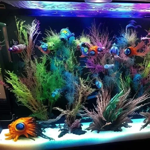 Prompt: alien fish tank with a variety of colorful alien fish, all different