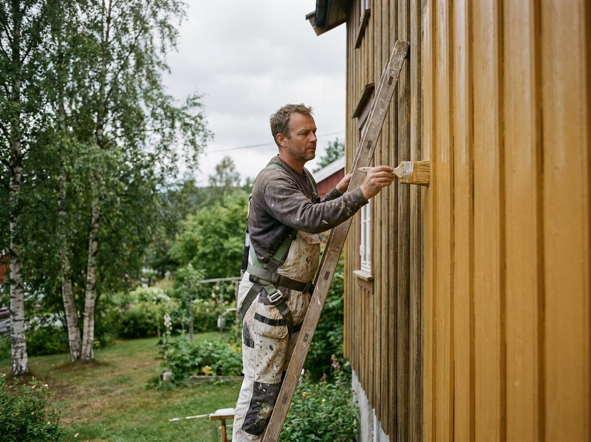 Maler på stige ved trevegg, bjørker i bakgrunnen.