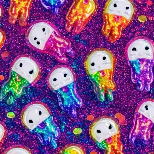 Prompt: Miniature Sequins and ghosts in the style of Lisa frank