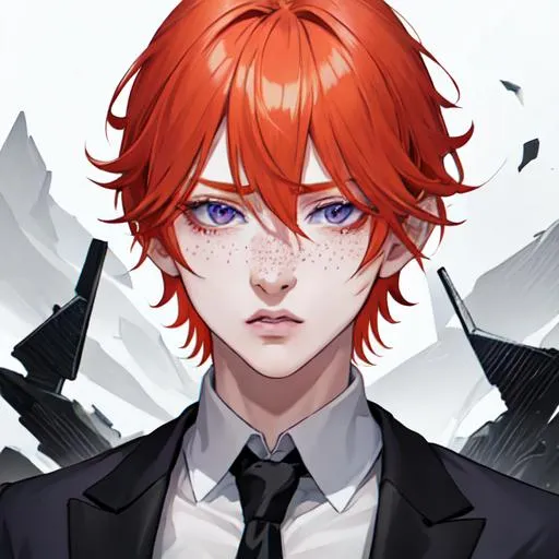 Prompt: Erikku male (short ginger hair, freckles, right eye blue left eye purple) UHD, 8K, Highly detailed, insane detail, best quality, high quality. As the godfather, mafia, crime lord