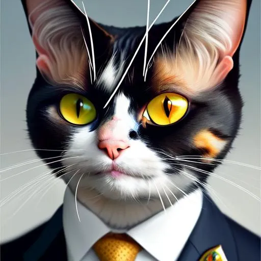 Prompt: Imagine a gallery of portraits showcasing cats in different professional outfits, each embodying their chosen career. Whether it's a sophisticated CEO cat in a tailored suit or a daring firefighter cat in full gear, let your artwork celebrate the diverse talents and contributions of working cats.