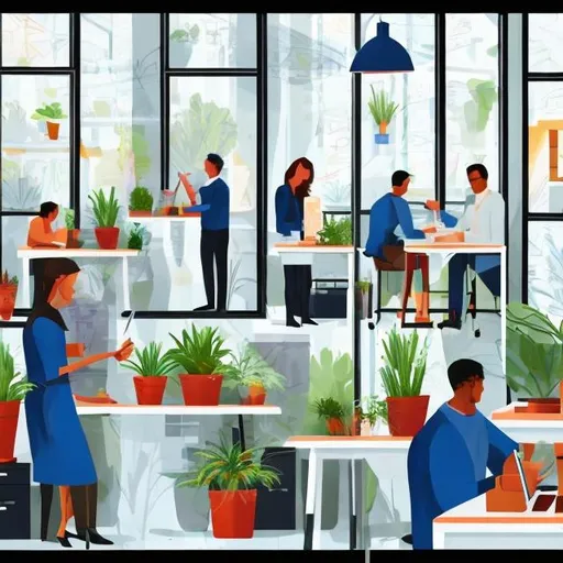 Prompt: create a paint with men and women working in a office. There is a window, a plant, high desks, during the day.