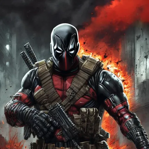 Prompt: Redesigned Gritty black and dark cyber futuristic military commando-trained villain deadpool. Bloody. Hurt. Damaged mask. Accurate. realistic. evil eyes. Slow exposure. Detailed. Dirty. Dark and gritty. Post-apocalyptic Neo Tokyo with fire and smoke .Futuristic. Shadows. Sinister. Armed. Fanatic. Intense. 