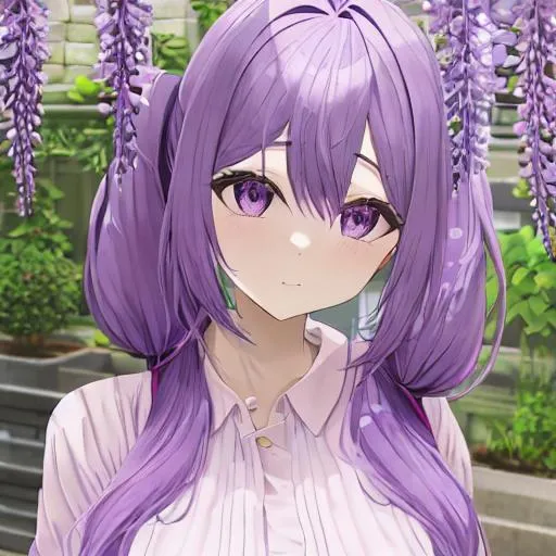 Prompt: pretty anime girl with purple hair, beautiful eyes, anime eyes, long pigtails, simple art, face, wisteria, fluffy hair


