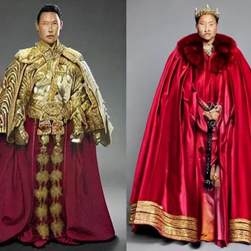 Prompt: daniel dae kim, king, emperor, royal white gown, red fur cape, gold jewelry, gold leaf, leaf crown