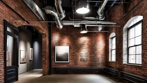 Prompt: A dramatically and moodily lit, luxury, fine art gallery, with track lighting. The gallery has an industrial feel to its look and style, with brick walls that stop waist height, and the remainder of the wall is stark white for hanging fine art. There are exposed pipes along the ceiling, giving it a New York loft feel. The windows are small, lining the top of the wall where it meets the ceiling. There's only 1 fine art piece hanging in the gallery, angled straight at the camera, but off center.