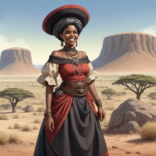 Prompt: Full body, Fantasy illustration of a herero woman, 26 years old, amused expression, traditional garment, curly black hair, high quality, rpg-fantasy, detailed, namibian landscape background