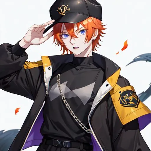 Prompt: Erikku male (short ginger hair, freckles, right eye blue left eye purple) muscular, UHD, 8K, Highly detailed, insane detail, best quality, high quality. hands in the air, wearing a sideways baseball cap, black jacket, black shorts, streetwear