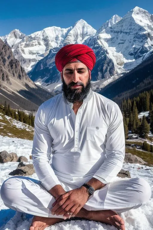 Prompt: portrait of blissful kashmiri man, with rugged face, white kameez, snow, kailash mountain, meditating, sitting, closed eyes, arena, perfect composition, hyperrealistic, super detailed, 8k, high quality, trending art, trending on artstation, sharp focus, studio photo, intricate details, highly detailed, by greg rutkowski