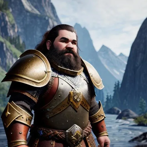 Prompt: Dwarven warrior in full armor with a mountain backround,Ultrarealistic,Detailed,4KHD,UnrealEngine,Armor,Iron,