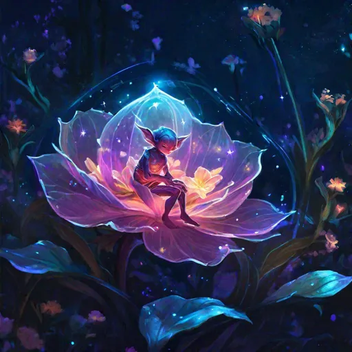 Prompt: A fantasy translucent imp that is glowing, sleeping in a large flower, beneath the stars, bioluminescent, highres, best quality, concept art
