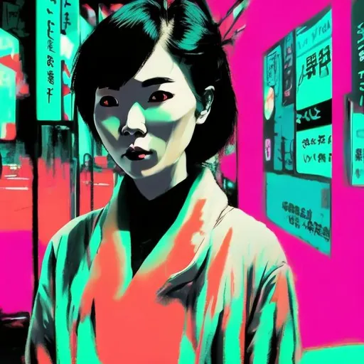 Prompt: a dark woman in japan, looking at the camera, realistic, futuristic, 4K, in the background the metaverse, neon, in the style of Andy warhol, vibrant pastels