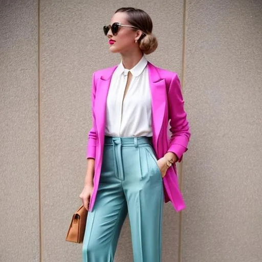 Prompt: Clothing:

Pair high-waisted, wide-leg trousers in a neutral color, reminiscent of the 1930s menswear-inspired fashion, with a bold 80s power suit blazer in a bright color like fuchsia or electric blue.
Accessories:

Add a vintage-inspired Art Deco brooch to the blazer lapel as an elegant nod to the 1930s.
Accessorize with a chunky statement necklace featuring neon accents or geometric shapes, bringing in the 80s flair.
Footwear:

Choose a pair of pumps with a pointed toe, a classic and timeless silhouette that works well with both 1930s and 1980s styles.
Hair and Makeup:

Wear the hair in a sleek, slicked-back bun, an elegant look from the 1930s, but incorporate neon hair clips or bobby pins for a touch of 80s boldness.
Keep the makeup sophisticated with a bold red lip, a classic choice that works with both eras.