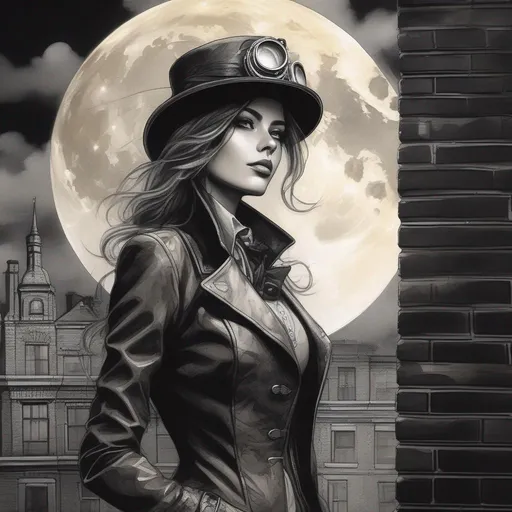 Prompt: Ink Wash Painting, a female steampunk hacker, brick wall as background, Full-body portrait, detailed beautiful eyes, epic full moon in background, urban city, windy with clouds, 8k, dim lighting