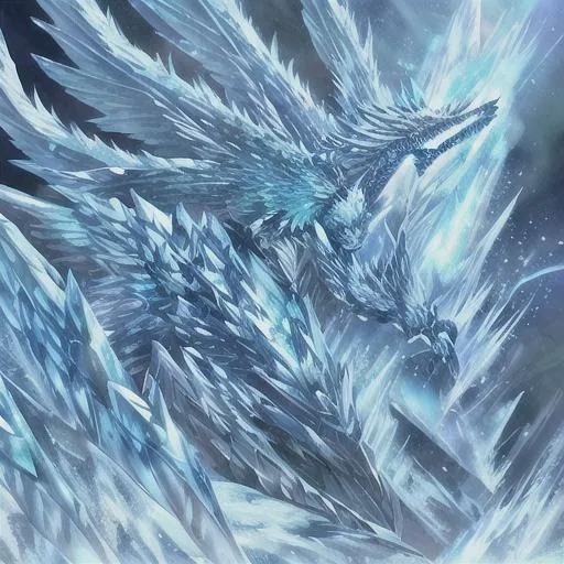 Prompt: Giant Frost dragon, blue scale, spewing blue flames out its mouth, claws, icy wings,