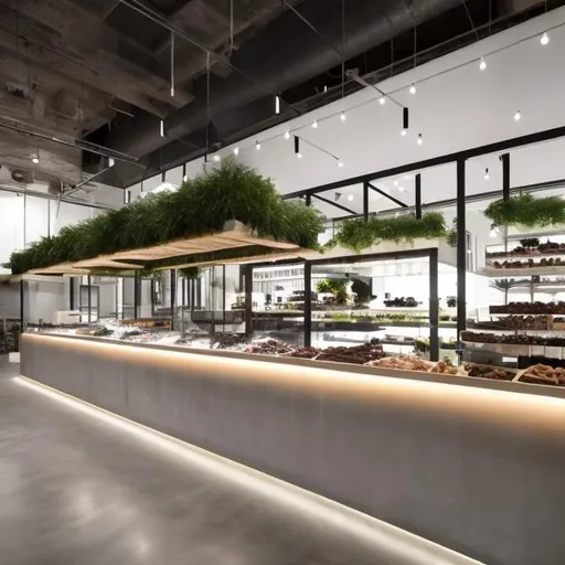Prompt: Design a high-end food hall that uses concrete, creative lighting, and minimal greenery to enhance the user experience. The hall should have a V-shaped layout and accommodate many different counters and displays for chocolates and other goods. The design should show the relation between the different shops in the space and create a sense of variety and harmony. The design should also consider the following aspects:

The size and shape of the hall and the number of shops and counters it can fit
The style and theme of the hall and how it reflects the identity and culture of the food vendors
The type and placement of the lighting fixtures and how they create different moods and effects in the hall
The color and texture of the concrete and how it contrasts or complements the other materials and elements in the hall
The arrangement and organization of the displays and how they attract and entice the customers
The accessibility and functionality of the hall and how it facilitates the flow and movement of the customers and staff