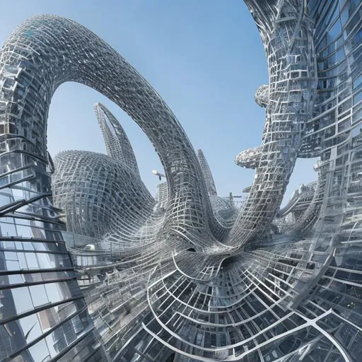 Prompt: Two iconic intersecting ring towers, museum of the future, cairo cityscape, close up, entrance view, people,, Parametricism,  Blobitecture, biomorphism, biophlic, photorealistic, concept,  8k resolution, fabricated  materials, titanium, aluminium, glass, plastic,  translucent cladding, photovoltaic, vegetataion, fractal geometry, night ,volumetric lighting, cairo cityscape, very detailed, high quality, 8k, realistic , octane rendering 