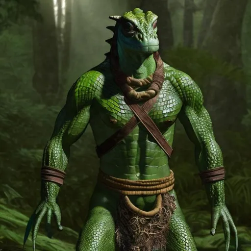 Prompt: a green muscular reptile and lizard breed with scales and leather straps and a loincloth on the waist of the body standing in a forest tribe.