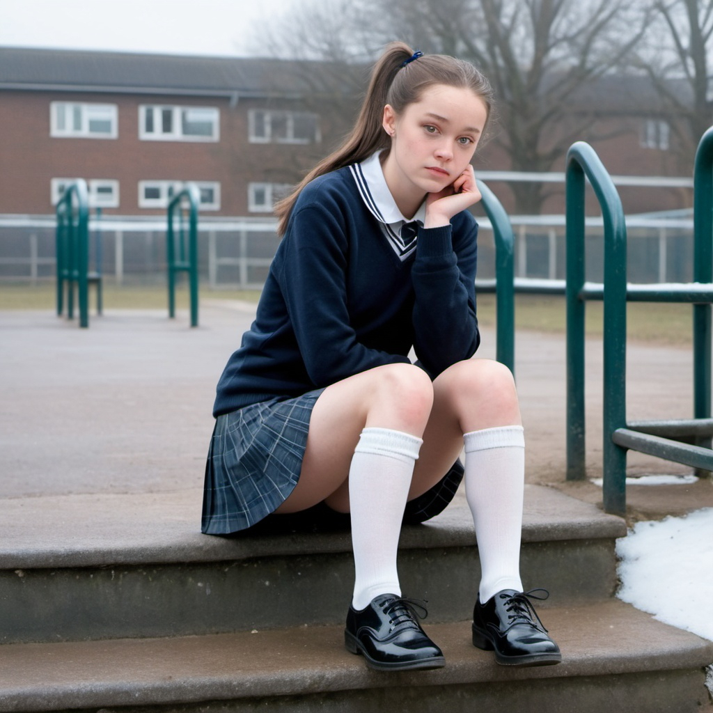 Sigrid as a tall brunette Schoolgirl hair in a ponytail with cold bare legs plain white socks a ve