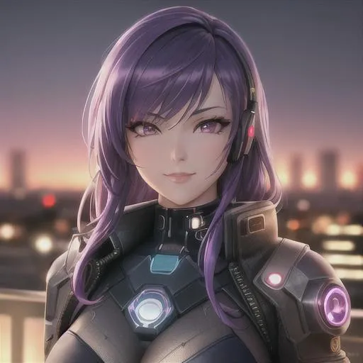 Prompt: cute face, cyberpunk rooftop, perfect composition, hyperrealistic, super detailed, 8k, high quality, trending art, trending on artstation, sharp focus, studio photo, intricate details, highly detailed, blue cyberpunk clothing, purple hair, red eye, looking at the camera, grinning