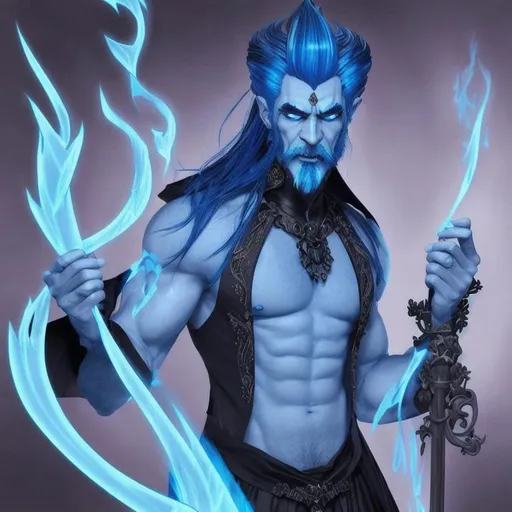 Prompt: Dominant Master Hades has Blue flame hair