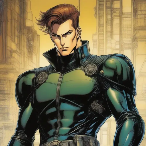Prompt: A masculine scifi european cyborg soldier. very short bright brown slicked back pompadour undercut hair with shawed sides and light chestnut highlights, round face, broad cheeks, glowing eyes, wearing a black retro futuristic leather jackett with armour underneath, Ghost in the shell art. Masamune Shirow art. anime art. Leiji Matsumoto art. Akira art. Otomo art. 2d. 2d art.
