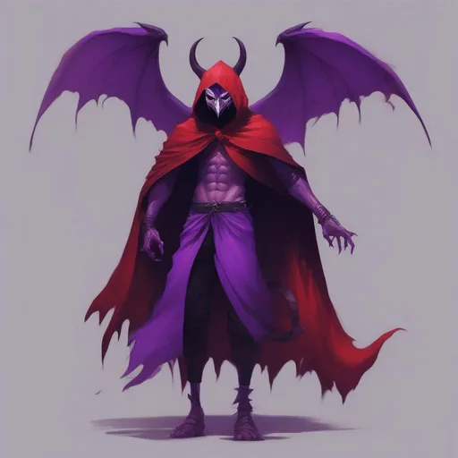 Prompt: demon with a mask, demonic wings, violet hood on, red shirt, white mask with a smile, whole body is visible
