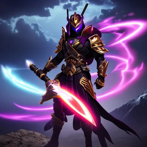 Prompt: sci-fi armoured ninja god son of ares yellow electric aura wielding purple greek fire katana standing on mountain about to attack with dark flame dragon