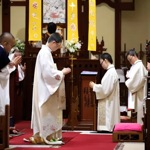 Prompt: At the altar, a Japanese priest, wearing traditional vestments with subtle Japanese motifs, leads the congregation in prayer, alternating between Latin and Japanese. 