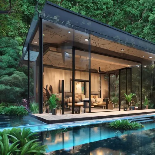 Prompt: Create a luxury stand alone enclosed structure, in a backyard. Modern architectural design. Resembling a "she-shed" or "babe cave". With large glass floor to ceiling windows. Professional Photo Realistic Image, hyper detailed, intricately detailed, intricate detail, 8k resolution, masterpiece, splash arts, ultra details Ultra realistic, hi res, UHD, 64k, HDR.