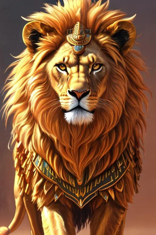 Prompt: oil painting, anthropomorphic lion, male, furry, warrior, ancient egypt, 8k, UHD,   bronze weapons, hieroglyphics art, hyperrealistic, photorealistic, beautiful art, furry art, full body picture, digital art,  hyperperfectionist, muscular, pharaoh, lion head, hyperdetailed full-body of a werelion in battle stance, hyper detailed background, ancient egypt temple inside background