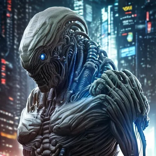 Prompt: (full body shot) of a Giant muscular Alien spy , hyperdetailed face, hyperdetailed eyes, {looking away from camera, blank expression, expressionless}, good hands, scifi, cyberpunk, futuristic, { covered by tight material skin}

(sharp focus)!!, professional photography, award-winning masterpiece, center frame, (diffused light), intricate detail, best quality, uhd, 8k