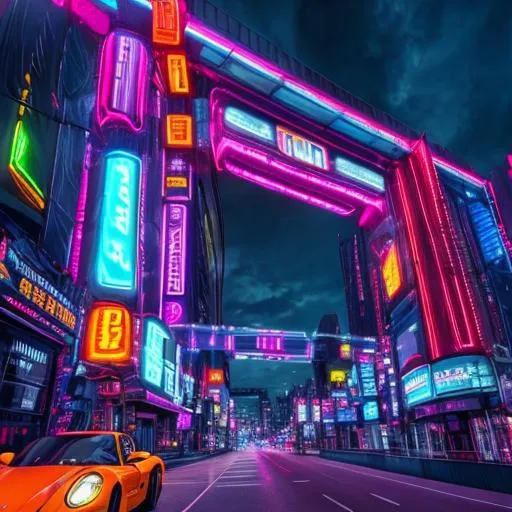 Prompt: Neon City at night long shot Neon  professional photograph of {scenery}, perfect viewpoint, highly detailed, wide-angle lens, hyper realistic, with dramatic sky, polarizing filter, natural lighting, vivid colors, everything in sharp focus, HDR, UHD, 64K, Porsche Carrerra on a street
